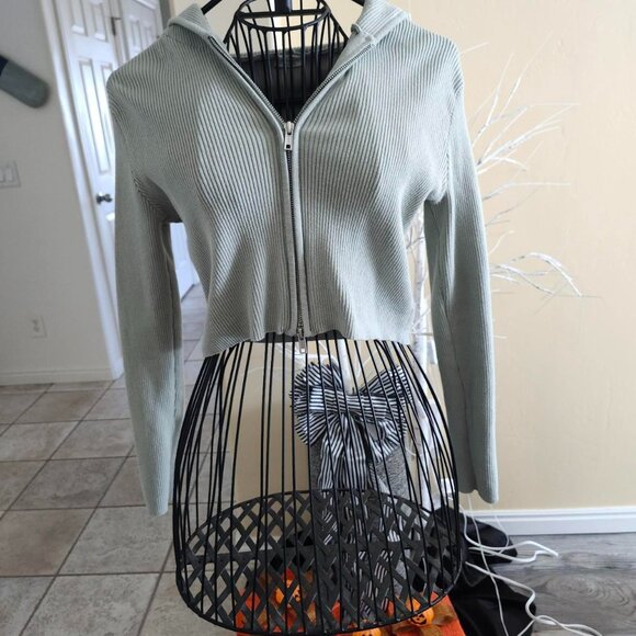 John Galt sage or lime green ribbed Long-sleeve zip up hooded crop top size XS/S - Picture 1 of 5